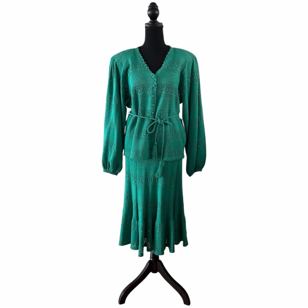 Miss JoAnn California Green Crochet Knit 2pc Skirt Set, Size 12